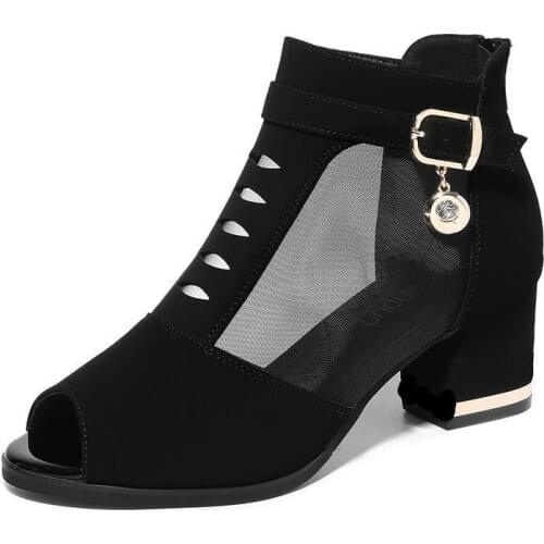 High-quality Sandals Women Thick-heeled Mesh Short Boots New Spring and Summer Pointed Toe Mesh Shoes Womens Mid-heel Sandals