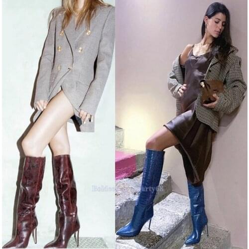 Women Boots Long Blue Croc Printed Knee High Stiletto Heeled Boots Female Pointed Toe Heeled Winter Spring Runway Party Boots