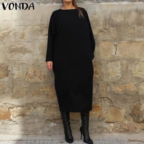 Sweatshirt Dress 2021 VONDA Women Round Neck Long Sleeve Solid Dresses Loose Bohemian Vestidos Oversized Long Robe Femme