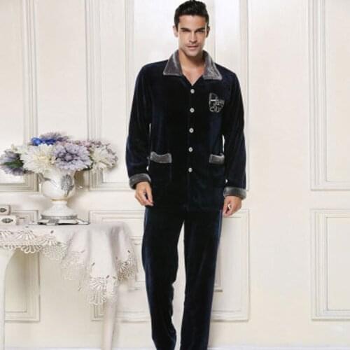 Winter mens pajamas full sleeve home clothing turn-down collar solid men thick men sleepwear flannel pajamas