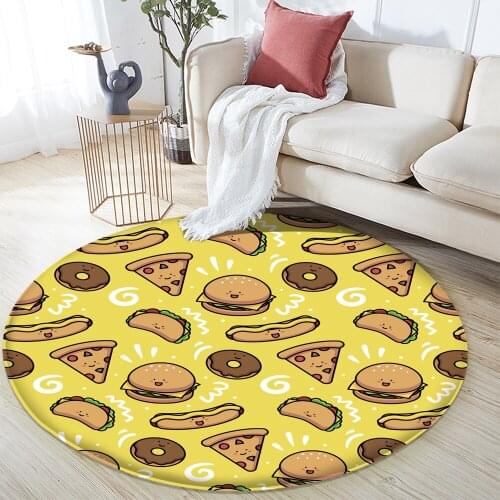 2021 Interesting Burger Pizza Donut Pattern Flannel Carpet Non-Slip Round Carpet Bedroom Living Room Home Decor Carpet
