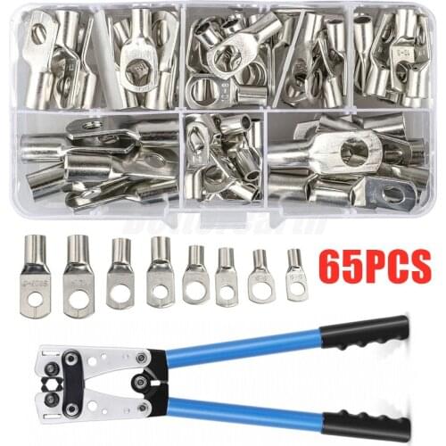 65pcs Car Auto Copper Ring Terminal Wire Crimp Connector Bare Cable Battery Terminals Soldered Connectors HX-50B Plier Kit