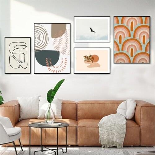 Abstract Rainbow Repeated Wall Art Poster Sun Leaf Art Print Geometry Canvas Painting Flying Bird Sky Pictures Modern Home Decor