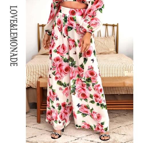 LOVE&LEMONADE High-Waist White Floral Print Chiffon Wide-Leg Pants LM81498B