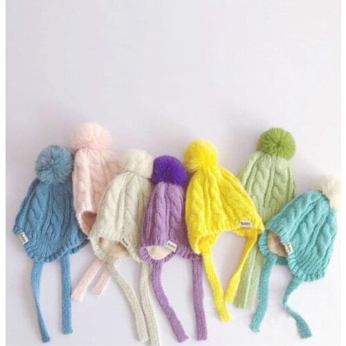Baby Hat Plush Keep Warm Kinitted Wool Hats Korean Style Lovely Autumn Winter Kids Beanie Boys Girls Hemming Caps
