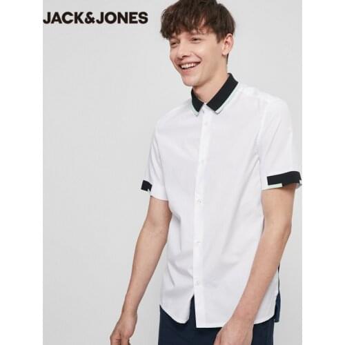 JackJones Mens Cotton Splice Turn-down Collar Loose Fit Short-sleeved Shirt|220204527