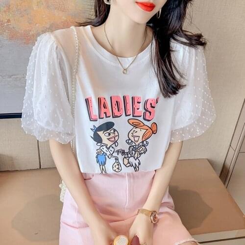Cute Net Yarn T-shirt Stitching Puff Sleeve Cartoon Letter Printing T-shirts Women 2021 Summer New Ladies Tops
