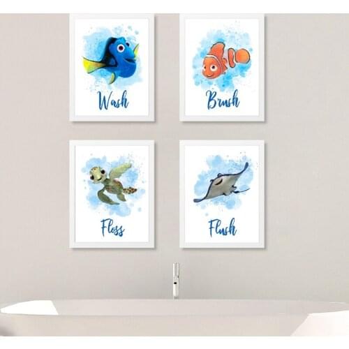 Cartoon Animated Film Poster Print Nemo Watercolor Wash Brush Quote Bathroom Wall Art Canvas Painting Nursery Kids Room Decor