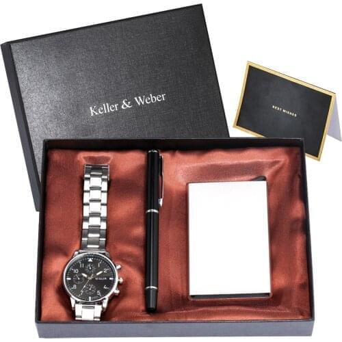 Mens Silver Watch Set Practical Black Pen Automatic Business Card Case Quartz Wristwatch Gift Set Birthday Gift for Dad Husband