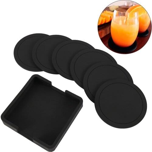 7pcs Non-slip Silicone Drinking Coaster Set Holder Cup Coaster Mat Set Black Round Silicone Mat Home Office Table Decor Cup Pad