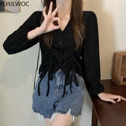 2021 Fall Autumn Chic Korea Tops Blusas Fashion Women Cute Sweet Girls Drapped Drawstring V Neck Single Breasted Button Shirts