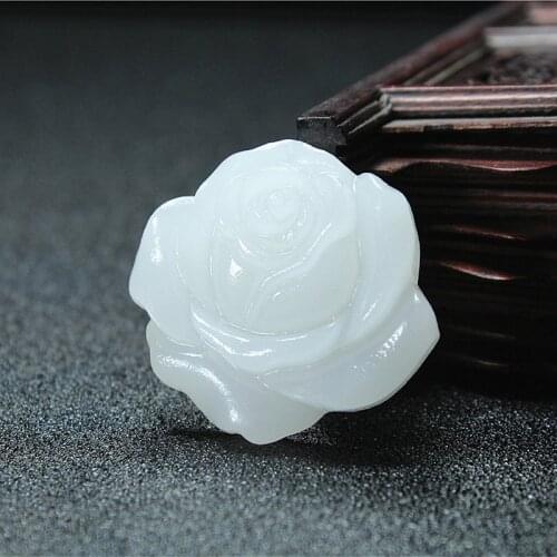 Natural White Jade Rose Flower Pendant Necklace Chinese Hand-Carved Charm Jewelry Fashion Accessories Amulet for Men Women Gifts