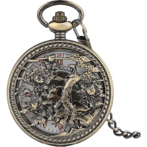 Luxury Phoenix Copper Automatic Skeleton Mechanical Pocket Watch Men Hollow Women Fob Watches Exquisite Vintage Retro Clock Gift