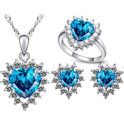 Vintage Female Blue Crystal Jewelry Set Charm Ring Silver Color Stud Earrings For Women Cute Love Heart Wedding Chain Necklace