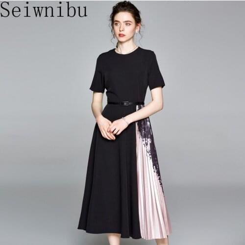 Seiwnibu Vintage Elegant Black Long Midi Office Lady Work Dress Summer Women Print Pleated Patchwork Dress Plus Size 3XL