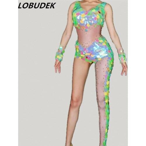 Colorful Sequins Crystals Single Leg Jumpsuit Female Stage Outfit Singer Dancer Performance Costume Nightclub Bar Dance Wears
