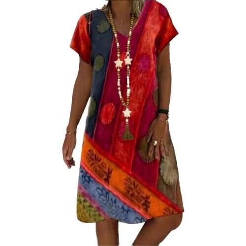 Summer Women Dress Printed Skin-friendly Summer Short Sleeve V Neck Dresses Vintage Print Casual Short Sleeve Dress Vestidos 5XL