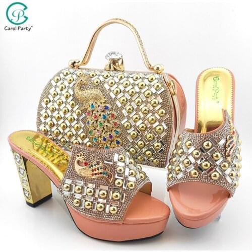 2021 Fashion Pink Color African Newest Italian Design Platform Party Ladies Shoes and Bag Set Decorated With Phoenix Metal