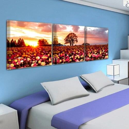 3 Panel Mural Ocean Flower Sunset Landscape Canvas Printing Home Art Decoration Frameless Artwork K741