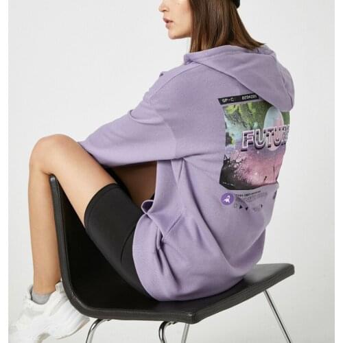 Basic Long Sleeve Sweatshirt 100 cotton hooded future space printed new season womens hoodie lilac color casual