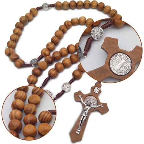Men Women Christ Wooden Beads 10mm Rosary Bead Cross Pendant Woven Rope Chain Necklace Jewelry Accessories