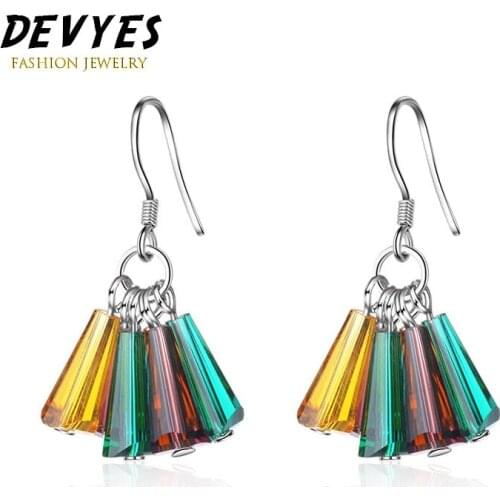 Devyes New Korean Fan-shaped Colorful Crystal Tassel Long Rainbow Pendant Earrings Fashion Jewelry Party for Women
