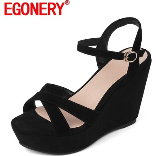 EGONERY Women Slope Heel Sandals sheep suede summer New Style Leisure Solid color Concise Comfortable Mature soft Round Toe