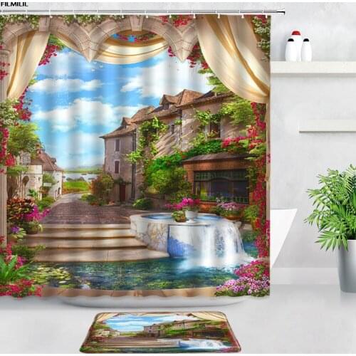 FILMILIL Retro Town Street Flowers Shower Curtains Bath Mats Sets European Garden Scenery Decor Hanging Cloth Bathroom Door Rugs