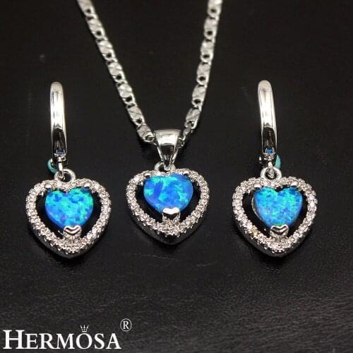 Hermosa Australian Fire Opal Sets Silver Color Earrings Pendant Necklace Heart Shape Wedding Jewelry Pretty Love Gift