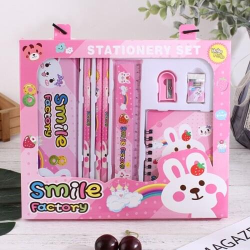 1set 8 In 1 Cartoon Kawaii Pencil Ruler Eraser Sharpener Stationery Set For Boy Girls Kids Gift School Office Supplies Gift Set