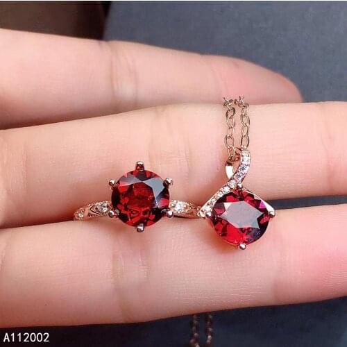 KJJEAXCMY fine jewelry natural garnet 925 sterling silver women gemstone pendant necklace chain ring set support test trendy