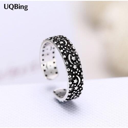 Free Shipping Retro Moon Star 925 Silver Sterling Ring For Women Jewelry Finger Ring For Party Birthday Gift