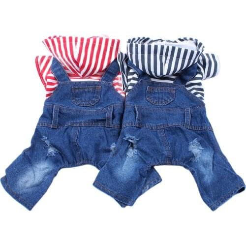 Dog Cat Denim Striped Jumpsuit Hoodie Jean Pet Puppy Coat Jacket Spring/Summer Clothes Apparel 3 Colours