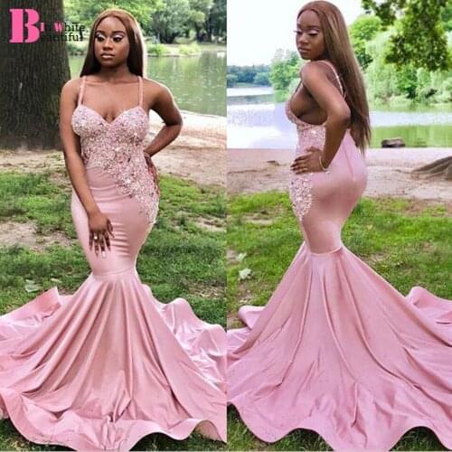 Beautifulinwhite Pink Mermaid Plus Size Prom Dresses 2019 Spaghetti Straps Lace Appliques Beads Sweep Train Formal Dress BP051