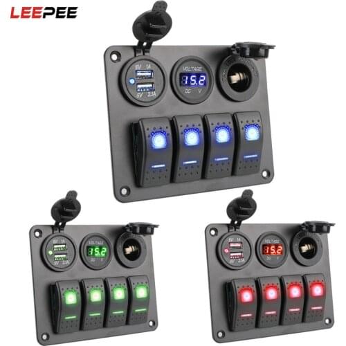 LEEPEE 4 Gang LED Rocker Switch Panel Aluminum Panel Dual USB Port Circuit Breaker for Car RV Camper Caravans Digital Voltmeter