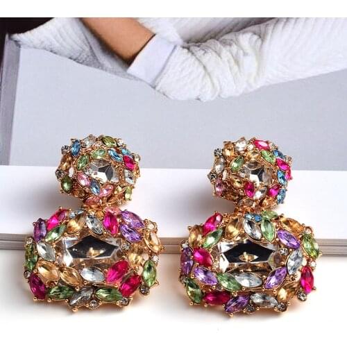 Summer New Female Colorful Rhinestone Earrings Charm Maxi Party Dress Statement Luxury Drop Earring Accessories