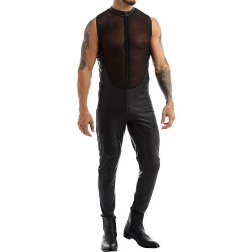 Mens Sexy Full Bodysuit Wetlook Patent Leather Round Neck Sheer Mesh Splice Bodice Double Zipper Leotard Jumpsuit Clubwear