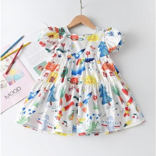 2021 New Summer Girls Dress Puff Sleeve Cartoon Print Princess Vestidos Casual Children Clothing For 3-7Y Girls