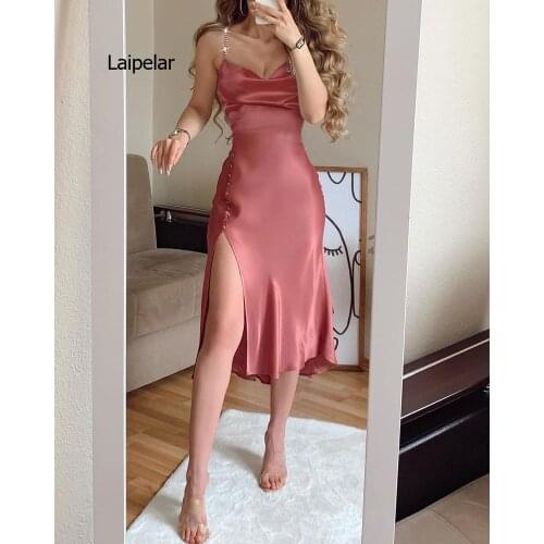 Summer Women Studded Strap High Slit Mid Dress Femme Fashion Buttoned Robe Lady Outfits Evening Sundress Vestidos Prom Wear