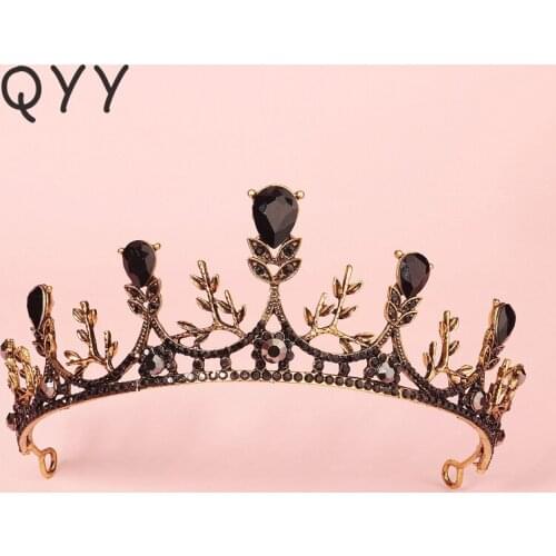 QYY Black Crystal Crown Rhinestone Ancient Gold Tiaras and Crowns Hair Accessories for Women Party Hair Jewelry Headpiece Gift