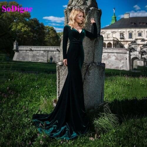 SoDigne Velvet Simple Long Mermaid Prom Dress 2021 Long Sleeves V Neck Dubai Evening Gowns Burgundy Party dresses robe de soiree