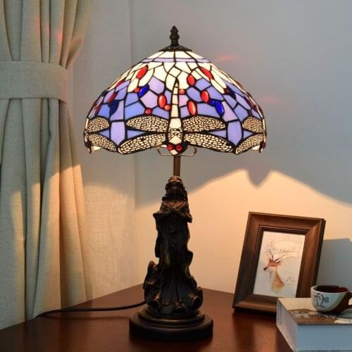The Modern European Style Mediterranean Blue Dragonfly Restaurant Bedroom Bedside Table Lamp Bar Tiffany Color Glass