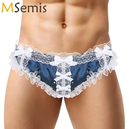 MSemis Mens Sissy Lingerie Shiny Ruffled Floral Lace Bikini Briefs Gay Naughty Bowknots Slips Panties Sexy Jockstraps Underwear