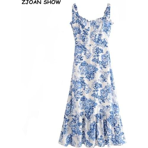 Vintage French Style Blue White Floral Women Dress Tie Bow Strap Sleeveless Dress Sexy Beach Women Party Dress Vintage Female