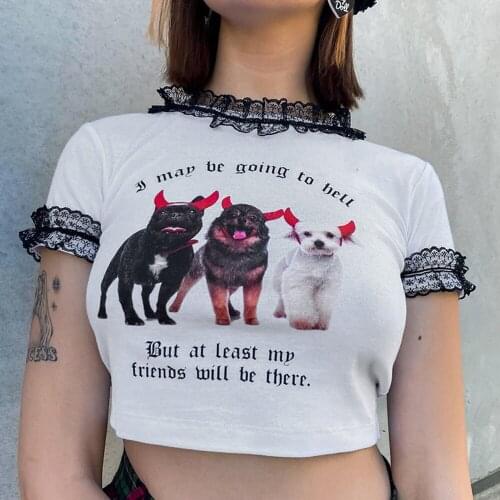 Y2K Style Kawaii Women Girl Dog Head Print Lace T-shirt Summer Lace Ruffle Slim Crop Shirt Short Sleeve Harajuku Gothic Crop Top