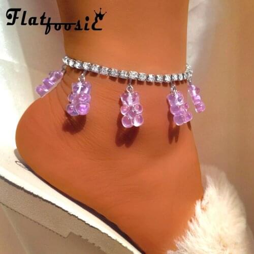 Flatfoosie Summer Barefoot Chain Mini Bear Anklets for Women Silver Color Rhinestone Chain Ankle Bracelet Sandals Foot Jewelry