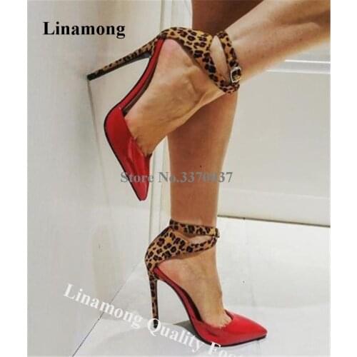 Linamong Women Elegant Pointed Toe Patchwork Stiletto Heel Pump Red Patent Leather Leopard Ankle Straps High Heels Club Heels