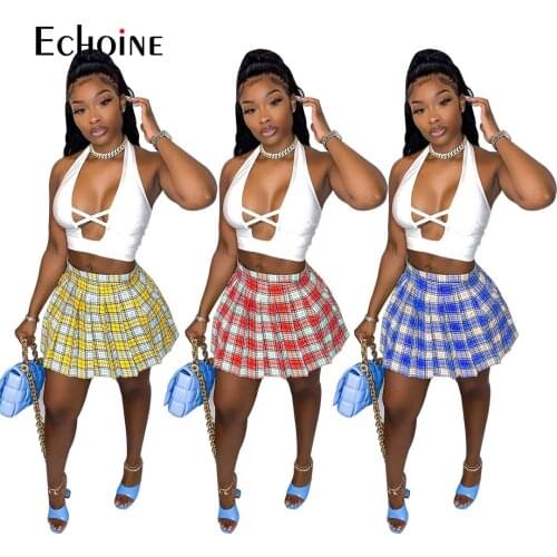 Echoine Women Solid Skirts Set Sleeveless Halter Chest Hollow Out Crop Tops Plaid Mini Pleated Skirt 2 Piece Sets Summer Outfits