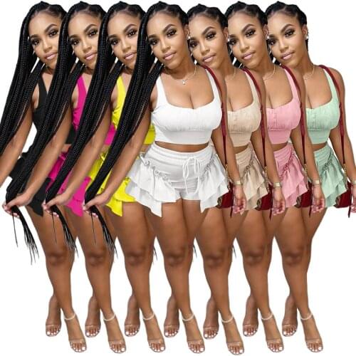 Echoine Women Solid Casual 2 Two Piece Set Spaghetti Straps Pleated Crop Top Vest Ruffle Shorts Beach Fashion Night Club Outfits