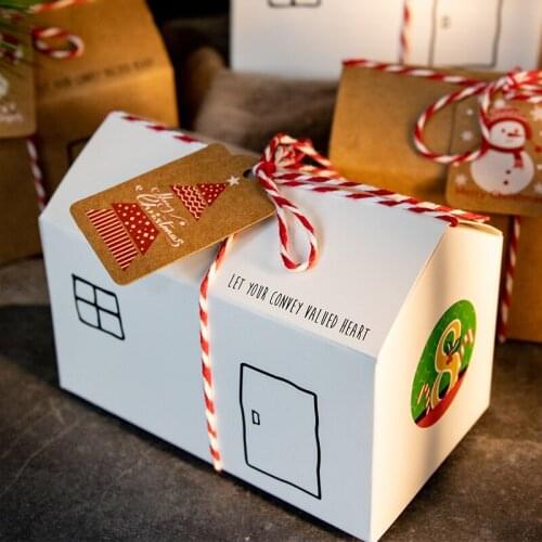 24Sets Christmas Vintage White Kraft Gift Boxes House Shape Xmas Party Candy Box DIY Packaging Box with Number Sticker Supplies